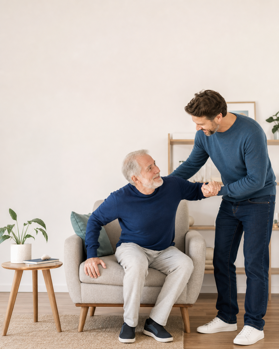Familiar ajudando um homem idoso em casa